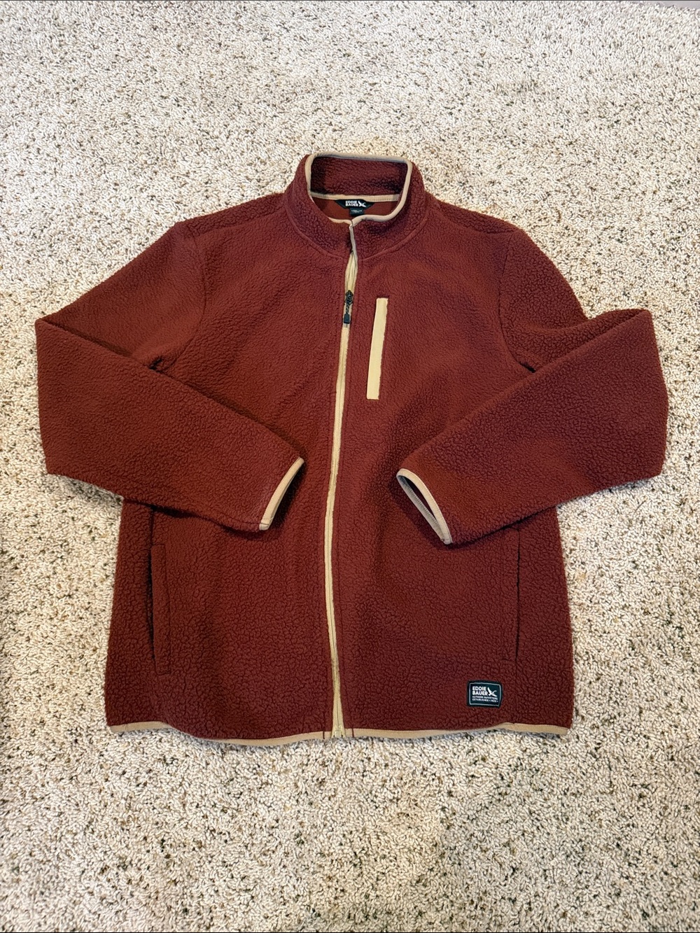 Eddie Bauer Men's Rust Zip-Up Fleece Jacket with Tan Trim